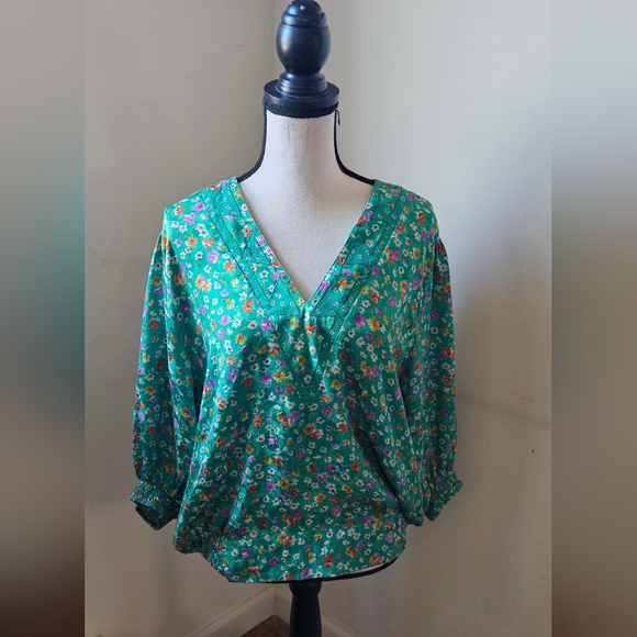 Mayeelok 100% Silk blouse shirts green floral flower size large 3/4 puffy elasti - Picture 3 of 12